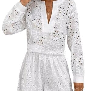 Elegant White Eyelet Embroidered Short Set Outfit